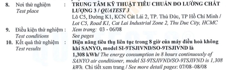 Kết quả kiểm định QUATEST 3 cung cấp dữ liệu tiêu thụ điện điều hòa