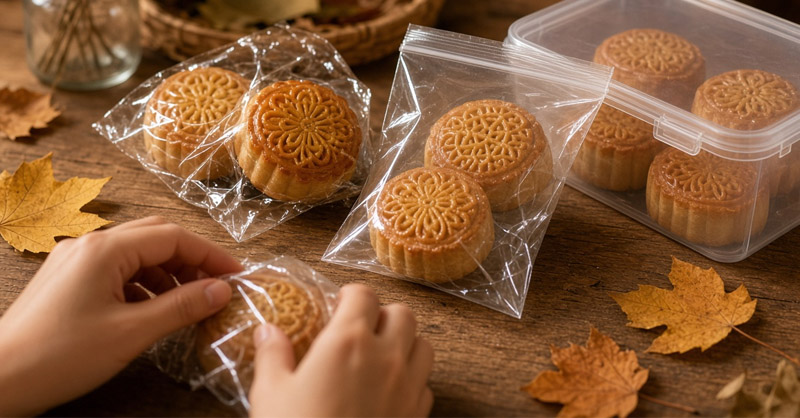 Dùng màng bọc thực phẩm, túi zip hoặc hộp đựng có nắp kín để bao bọc bánh