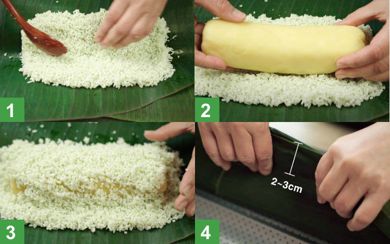 Trải nếp đều lên lá, đặt nhân đậu thịt vào giữa