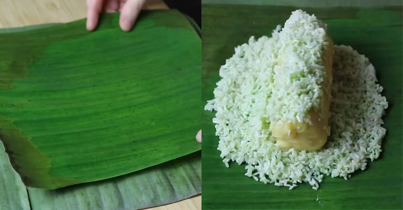 Cho nếp vào lá, dàn đều và chừa cách mép lá khoảng nửa lóng tay