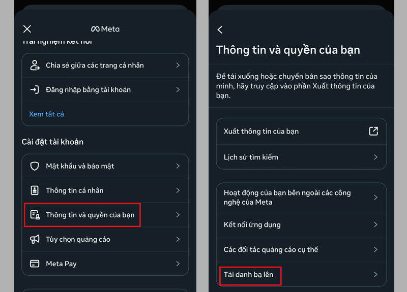 Chọn Thông tin và quyền của bạn, Tải danh bạ lên 