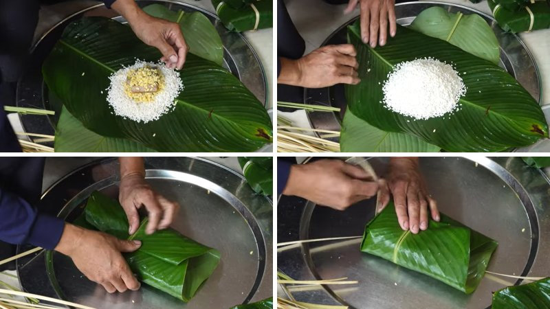 Gập hai mép lá, cuộn tròn bánh vừa tay, buộc lạt cố định ở giữa