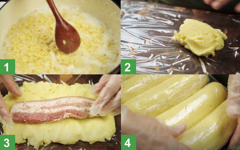 Gói nhân đậu và thịt trước khi bắt đầu làm bánh tét 