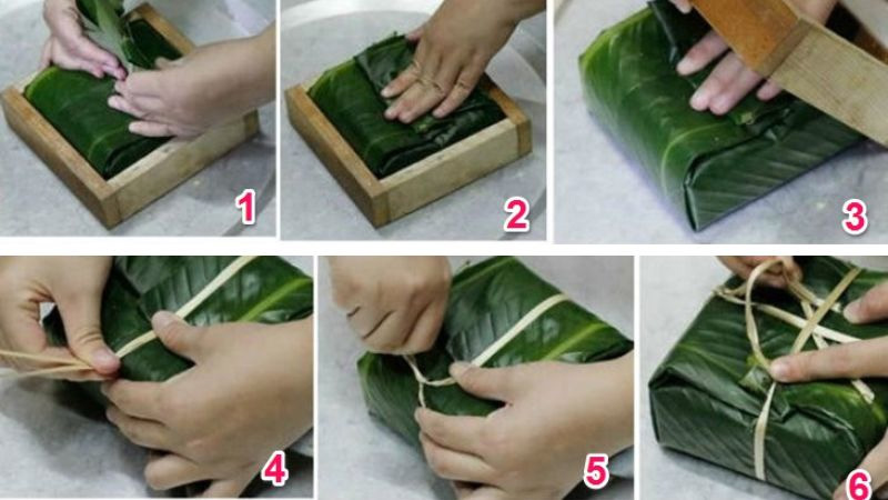 Gói lá lại, nhấc khuôn ra và buộc dây