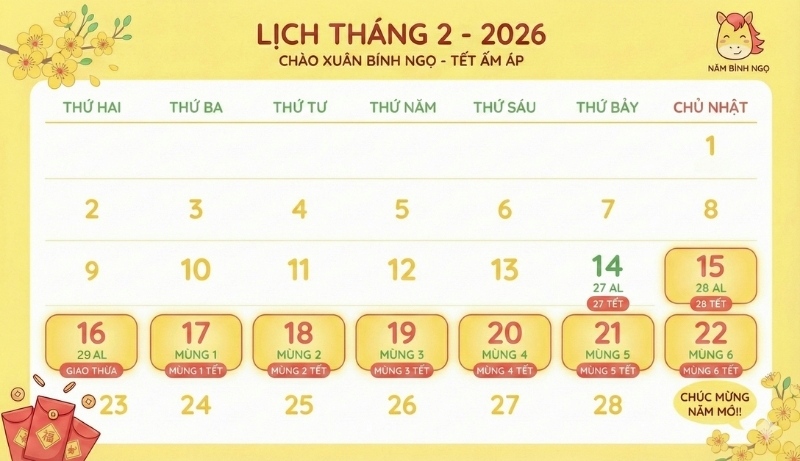 Lịch tháng 2 năm 2026 dương lịch hiển thị ngày Mùng 1 Tết Nguyên Đán