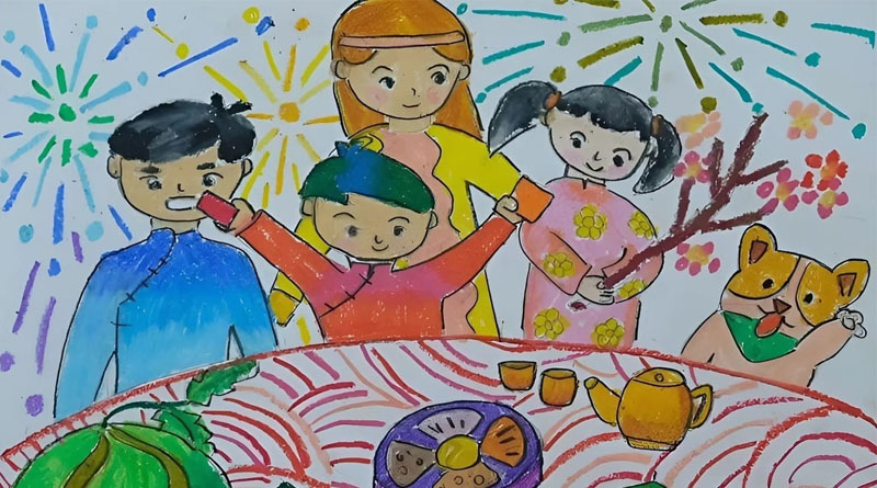 Mẫu vẽ tranh chủ đề gia đình đoàn viên ngày Tết tràn đầy ý nghĩa
