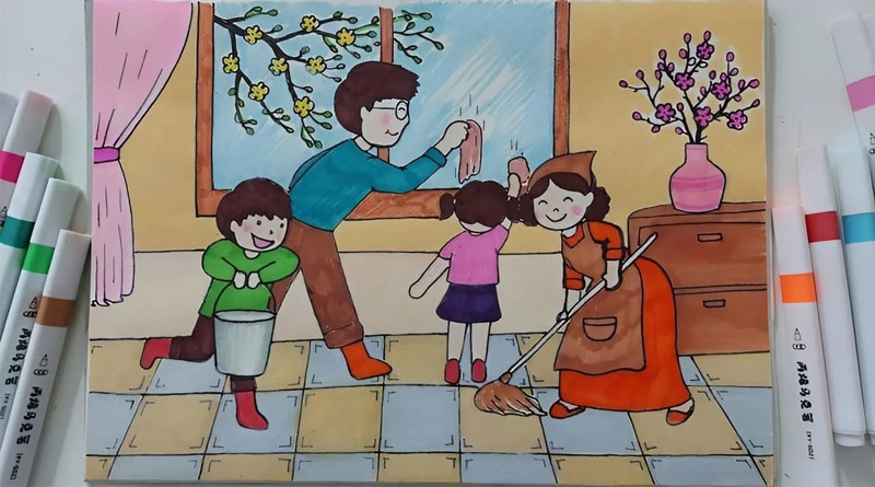 Mẫu vẽ tranh chủ đề gia đình dọn dẹp đón Tết vui vẻ