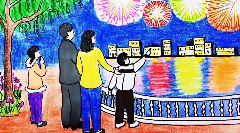 Mẫu vẽ tranh chủ đề gia đình xem pháo hoa mà bạn nên tham khảo