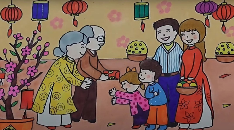 Mẫu vẽ tranh chúc Tết rộn ràng niềm vui