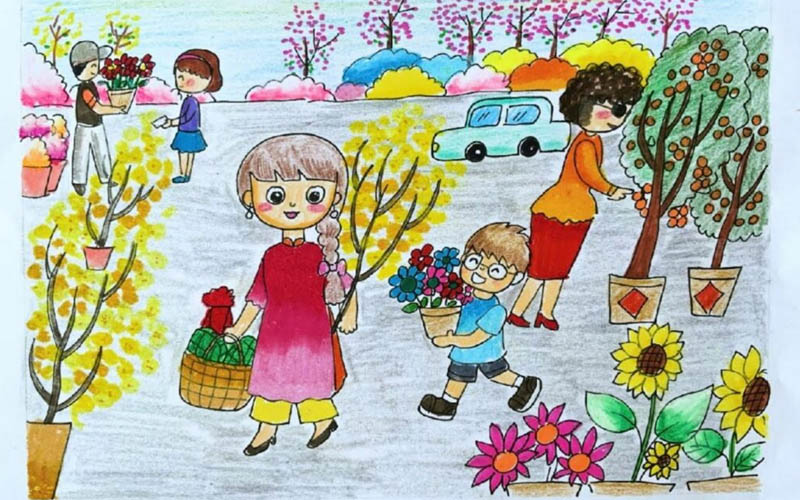 Không thể bỏ qua mẫu vẽ tranh làng quê đón Tết rộn ràng