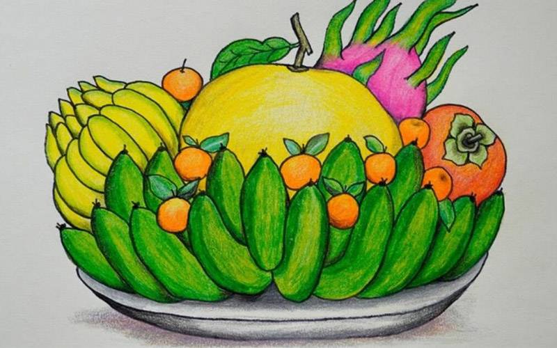 Mẫu vẽ tranh mâm ngũ quả rộn ràng không khí Tết