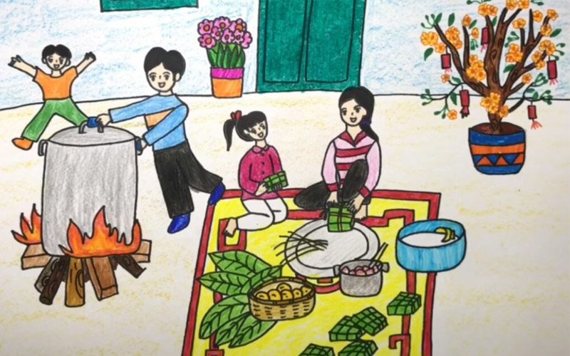 Mẫu vẽ tranh ngày Tết gói bánh chưng nhộn nhịp tham khảo