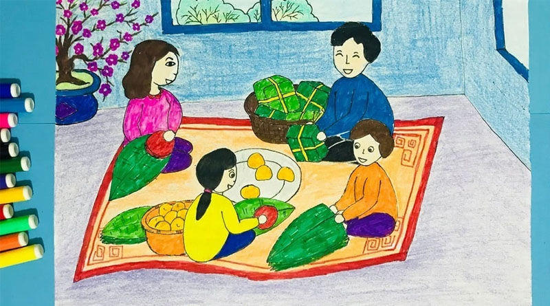 Mẫu vẽ tranh ngày Tết gói bánh chưng vui tươi đầy ý nghĩa