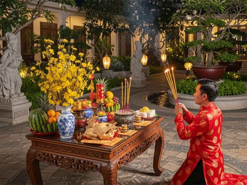 Nghi thức bày mâm cúng Quan Hành Khiển ngoài trời