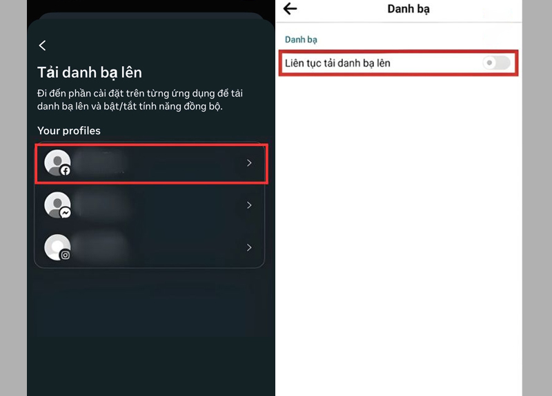 Chọn tài khoản Instagram đã liên kết, cho phép tải danh bạ lên 