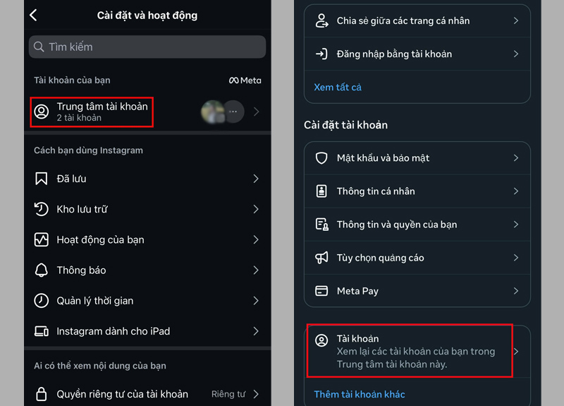 Nhấn vào mục Tài khoản tại giao diện Trung tâm tài khoản 