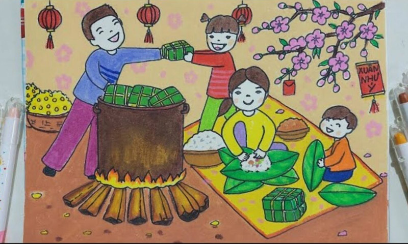 Tô màu và hoàn thiện bức vẽ tranh Tết