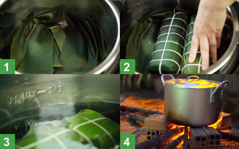 Xếp bánh vào nồi, đổ nước ngập bánh và luộc từ 6 - 8 tiếng