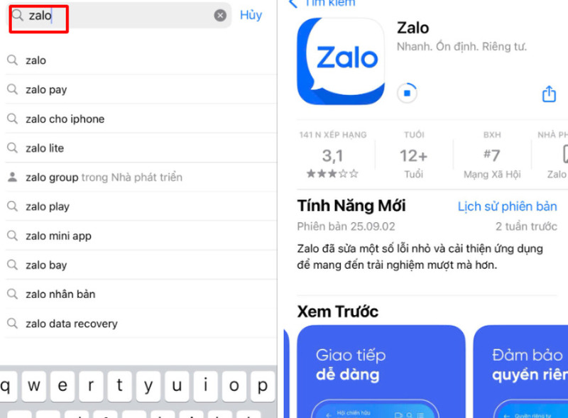 Tìm và tải lại ứng dụng Zalo