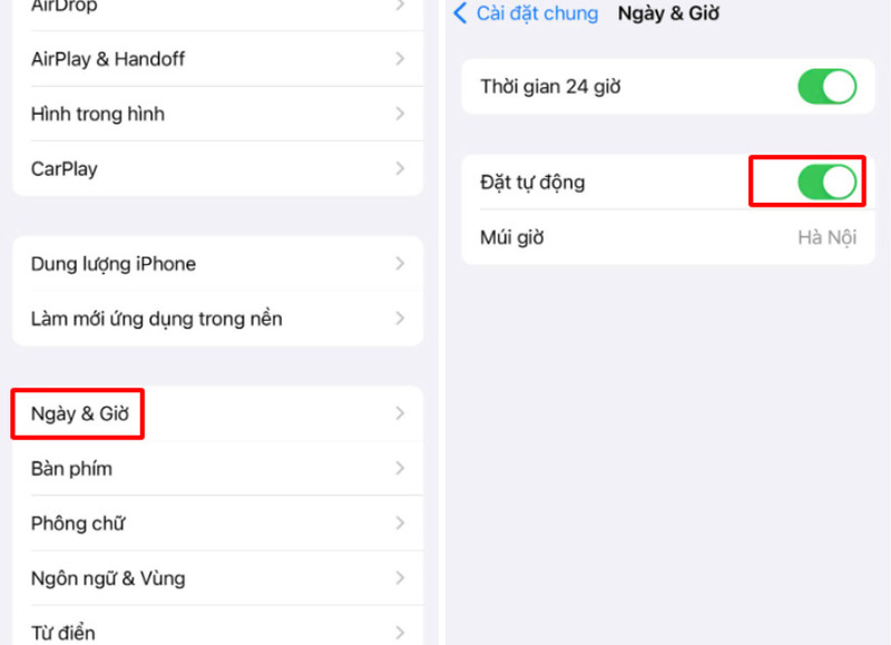 Bật tùy chọn “Đặt tự động" trong phần Ngày và giờ