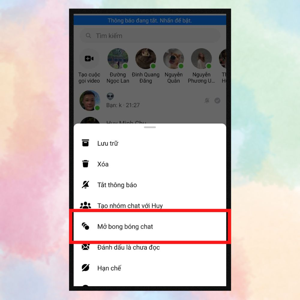 Bạn nhấn vô “Mở sạn bong bóng chat” nhằm xong xuôi cơ hội ghim lời nhắn bên trên Messenger khi người sử dụng Smartphone Android.