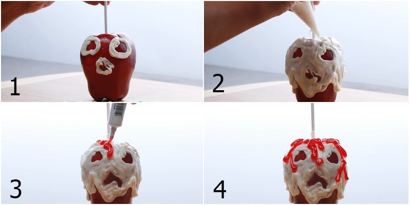 Món ắn táo phủ socola trắng tạo hình đầu lâu