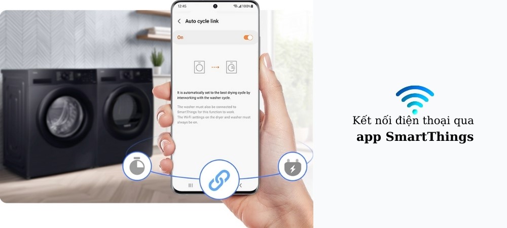 Máy sấy Samsung DV90CGC2A0ABSV kết nối điện thoại qua app SmartThings