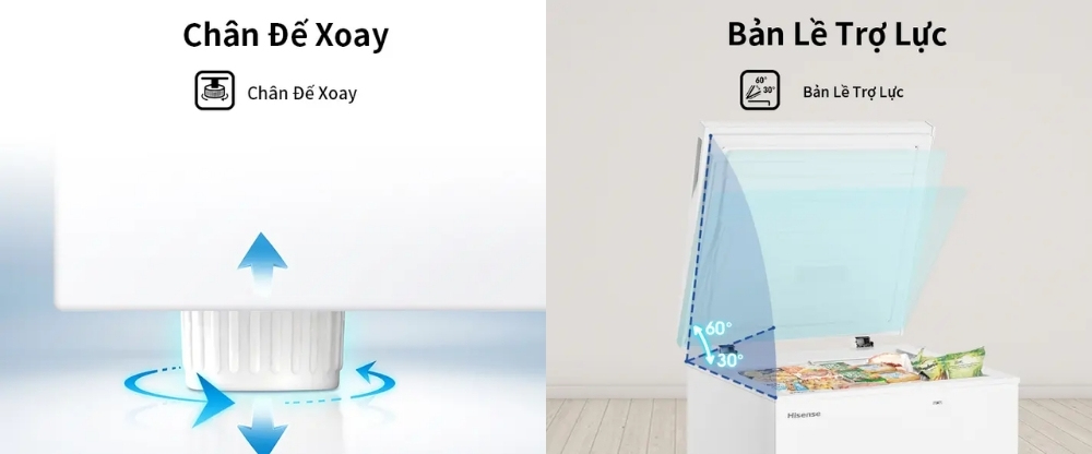 Bản lề trợ lực, chân đế xoay trên Tủ Đông Hisense FC260D4EWC1