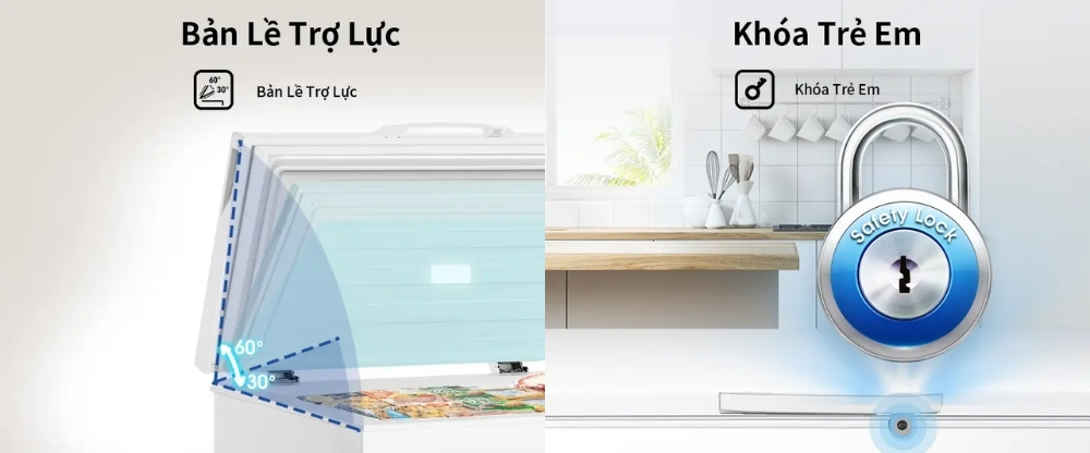 Bản lề trợ lực, khóa an toàn trên Tủ Đông Hisense FC380D4EWC1