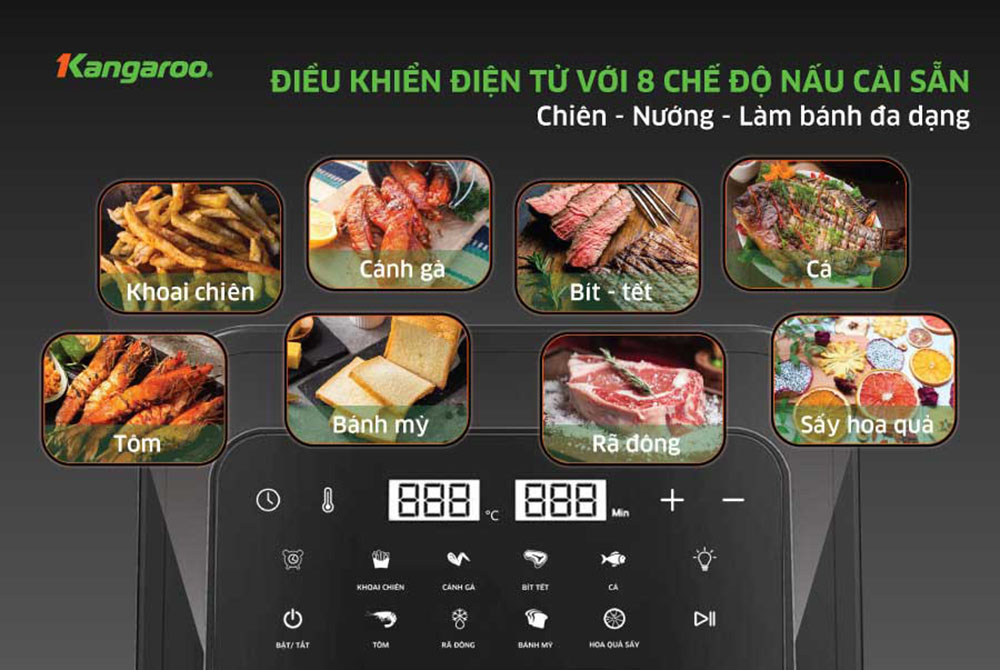 8 chế độ nấu cài đặt sẵn trên Lò Chiên Không Dầu Kangaroo KG6AF2A