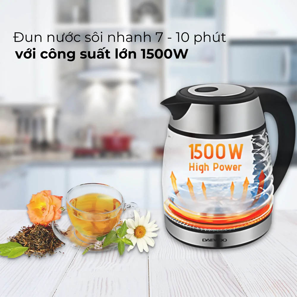 Ấm Đun Thủy Tinh Deawoo DWK-GL1803 đun sôi nước nhanh chóng