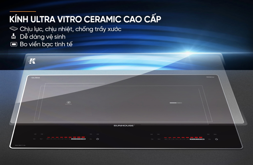Bếp Đôi Điện Từ Hồng Ngoại Sunhouse SHB82191-VMC sở hữu mặt kính Ultra Vitro Ceramic