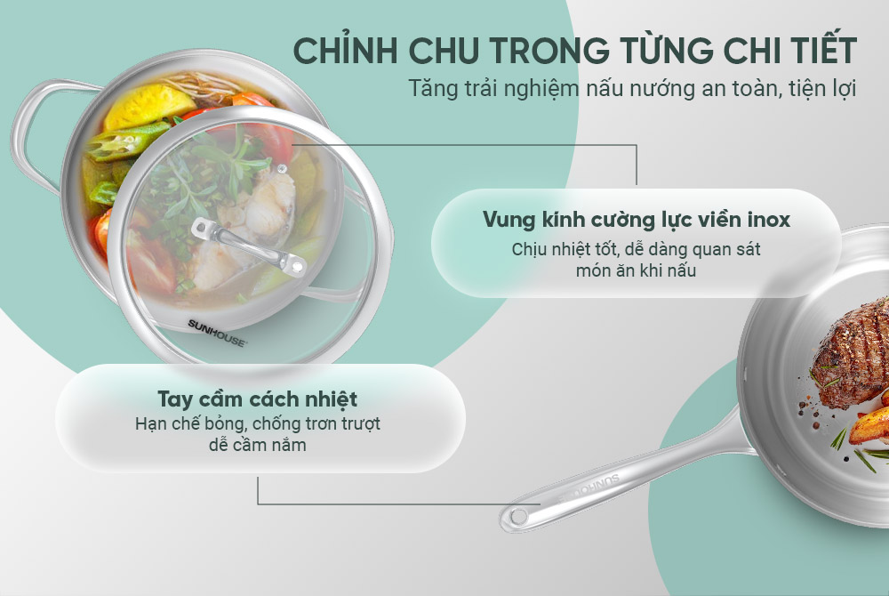 Bộ Nồi Chảo SHG809 có tay cầm cách nhiệt và vung kính cường lực