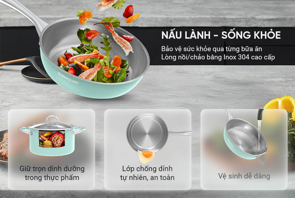 Bộ Nồi Chảo Sunhouse Mama SHG809 đảm bảo an toàn cho sức khỏe