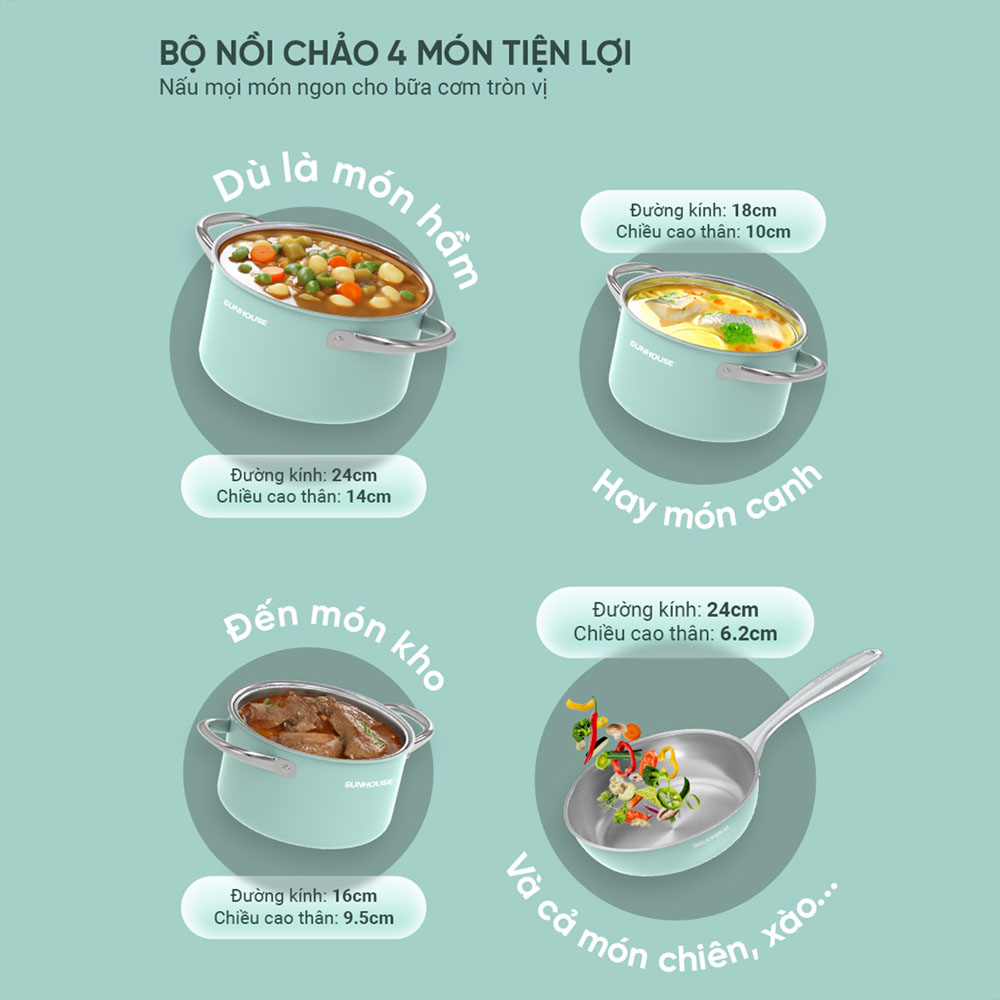 Bộ Nồi Chảo Sunhouse Mama SHG809 gồm có 3 nồi và 1 chảo