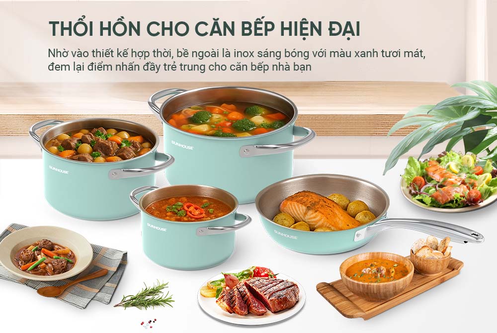 Bộ Nồi Chảo Sunhouse Mama SHG809 có thiết kế trẻ trung