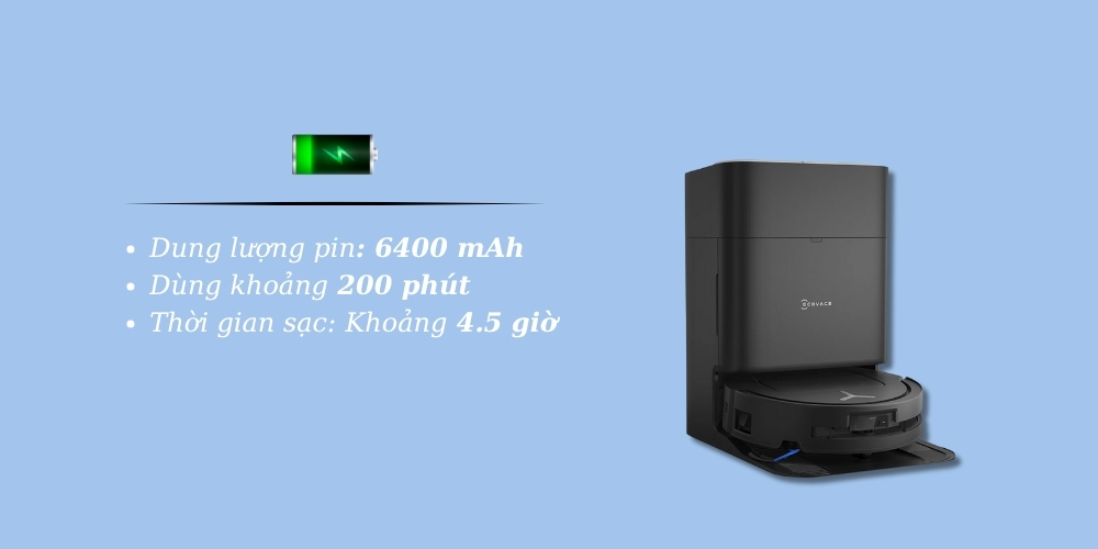 Dung lượng pin 6400 mAh trên Robot Ecovacs Deebot T80 OMNI