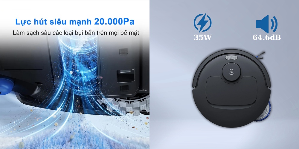 Ecovacs Deebot T30C có lực hút 20.000 Pa, công suất 35W và độ ồn 64.6dB