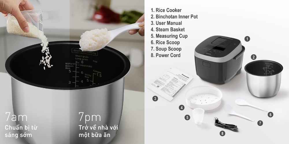 Hẹn giờ nấu và các phụ kiện đi kèm trên Nồi Cơm Điện Panasonic SR-HFT153KRA