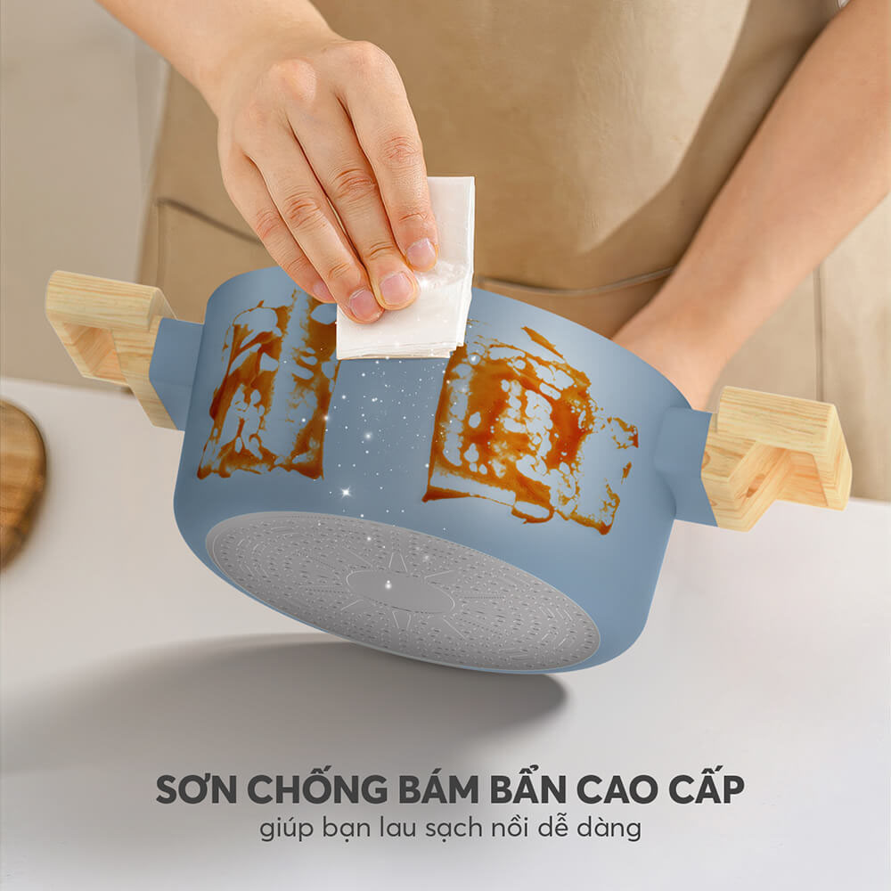 Lớp phủ sơn chống bám bẩn giữ cho bộ nồi chảo mới và thẩm mỹ
