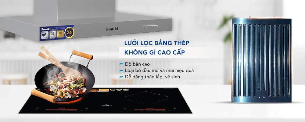 Lưới lọc mỡ bằng thép không gỉ của Máy hút mùi Funiki HKH9668