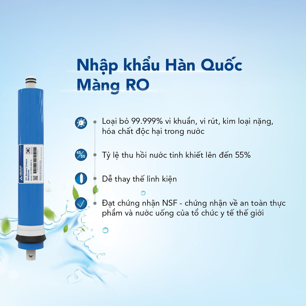 Màng lọc RO 75 GPD loại bỏ các tạp chất với kích thước nhỏ đến 0.0001