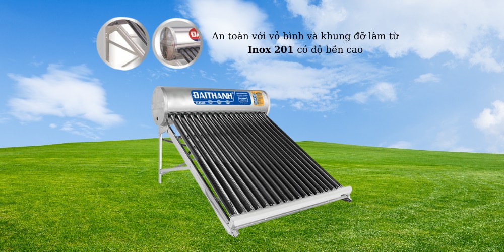 Máy Năng Lượng Mặt Trời 58-18 Classic có vỏ bình và khung đỡ làm từ Inox 201
