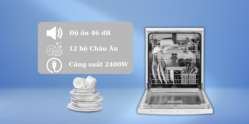 Máy Rửa Bát SMS2IVW01P có công suất 2400W và độ ồn 46 dB, tiêu thụ nước ~ 10.5 lít/lần rửa