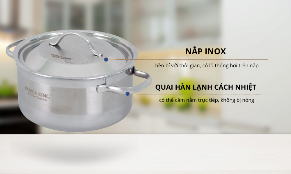 Nồi Inox Korea King KP-20S5PLY 3 lít trang bị nắp inox và quai cầm cách nhiệt