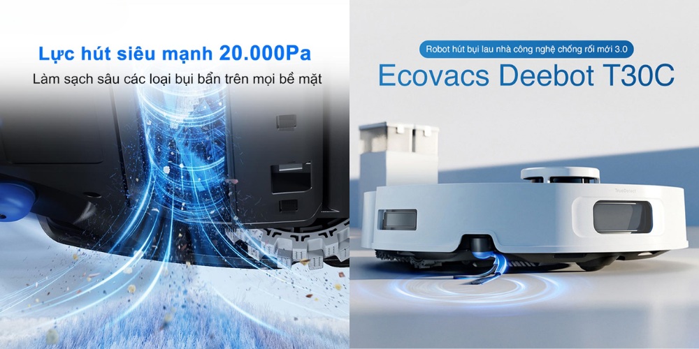 Robot Ecovacs Deebot T30C - Trắng có lực hút siêu mạnh lên đến 20.000 Pa