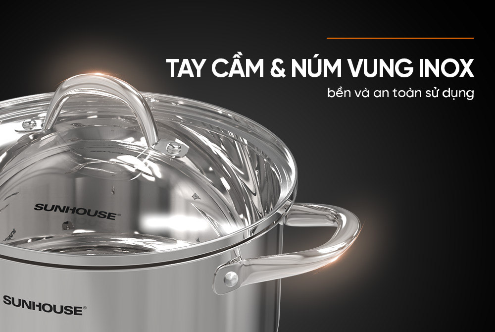 Nồi Inox 3 Đáy Sunhouse SHG301-16 có thiết kế tay cầm chống bỏng