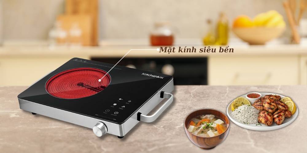 Bề mặt của Bếp hồng ngoại đơn Kitchenlux P45-1 2000W là kính siêu bền