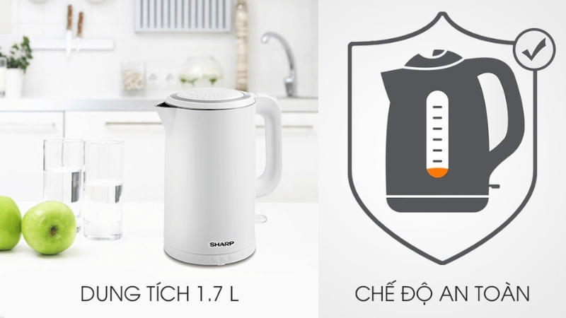 Bình đun siêu tốc Sharp với dung tích 1.7 lít và chế độ an toàn