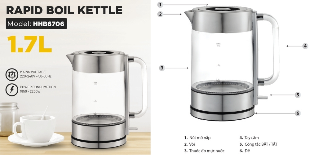 Bình Đun Siêu Tốc Thủy Tinh Simplehome HHB6706 1.7 Lít có khả năng đun sôi nước siêu tốc